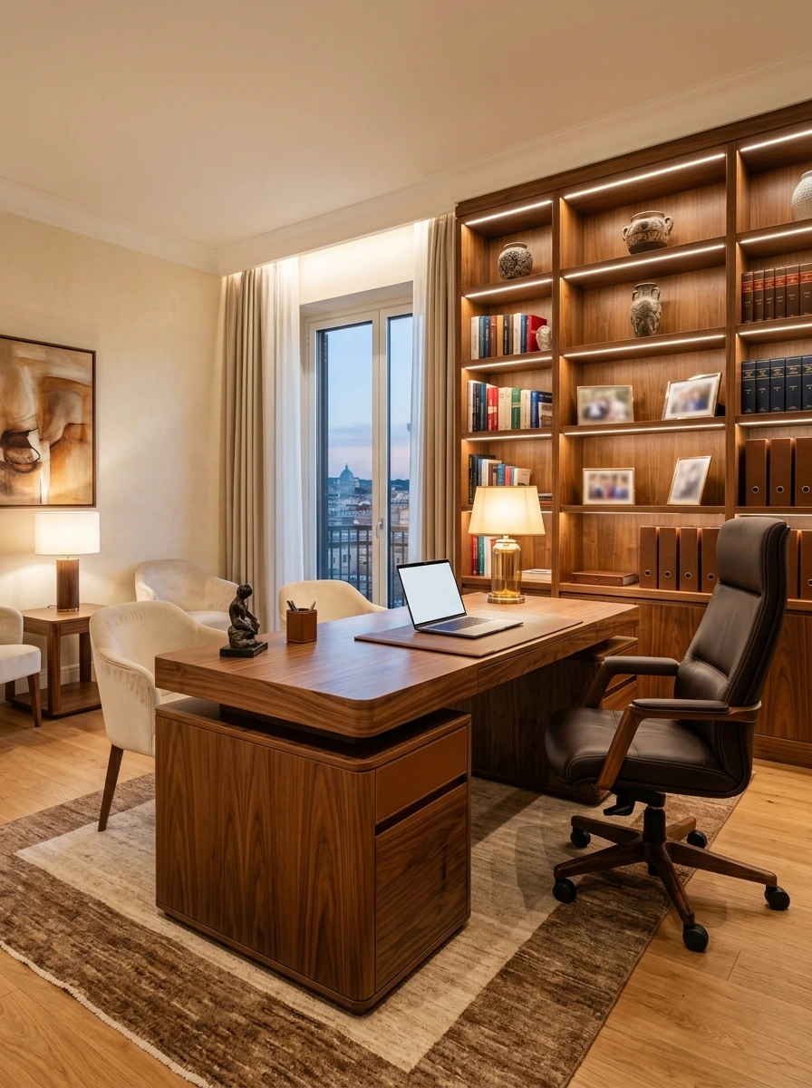 Ufficio su misura con scrivania in noce e libreria a parete con illuminazione LED — LP Ambientazioni